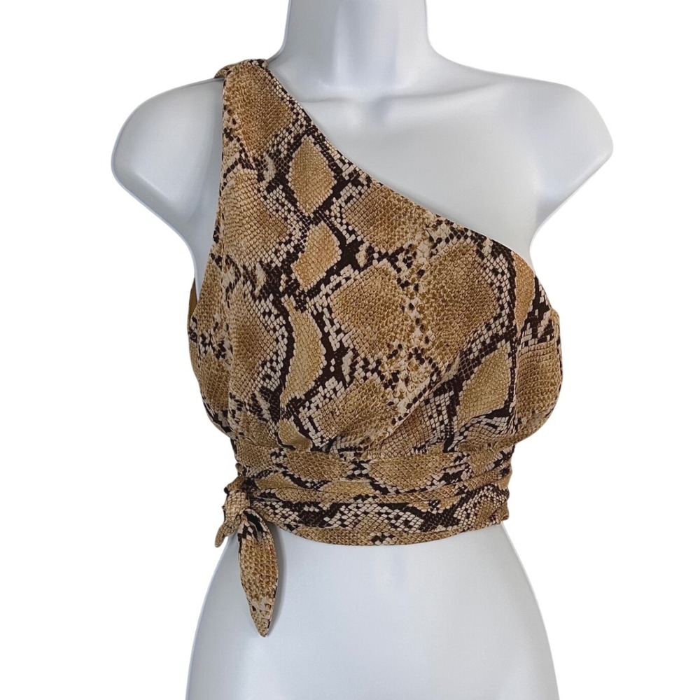 H&M Women's S Snakeskin One Shoulder Wrap Tie Crop Top Brown Tan Edgy Exotic